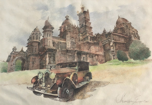 Vintage car and a palace (ART_6267_36219) - Handpainted Art Painting - 16in X 11in