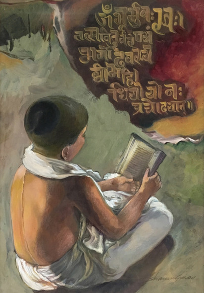Batu reading (ART_6267_36393) - Handpainted Art Painting - 13in X 19in