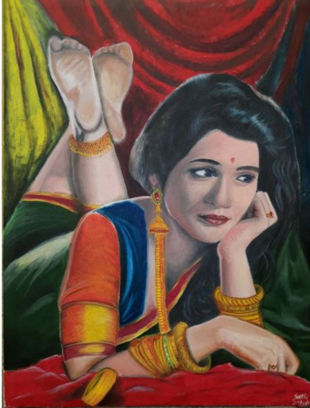 An Indian woman thinking of laying down (ART_6071_35069) - Handpainted Art Painting - 21in X 26in