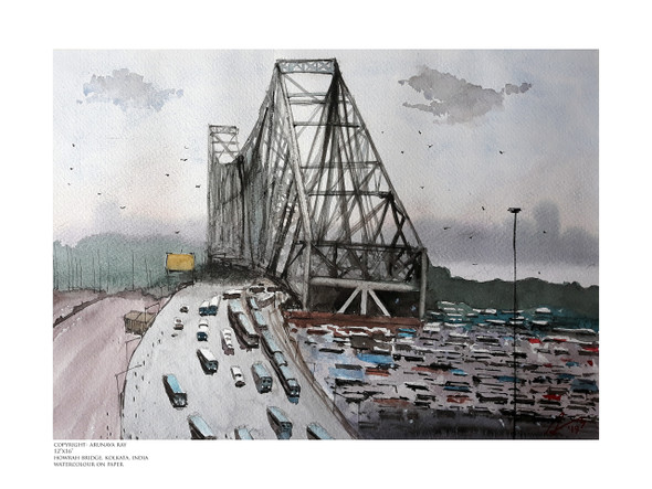 Howrah Bridge Kolkata (ART_5950_37593) - Handpainted Art Painting - 16in X 12in