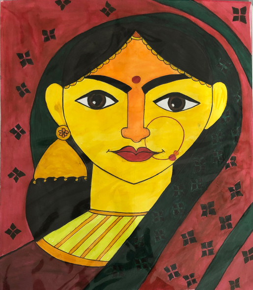 Beautiful lady in Bandhani dupatta (ART_6611_37990) - Handpainted Art Painting - 12in X 13in