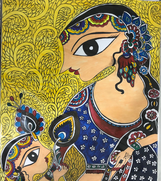 Krishna and Yashodha playing (ART_6611_37989) - Handpainted Art Painting - 12in X 14in