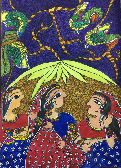 Three women chatting in a garden (ART_6611_37976) - Handpainted Art Painting - 12in X 16in