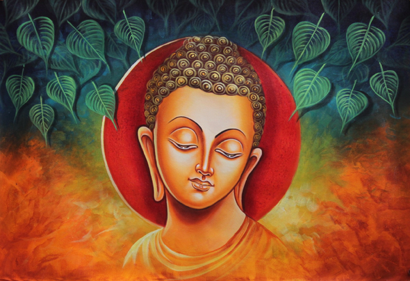 Lord Buddha with Leaves (ART_3319_38017) - Handpainted Art Painting - 36in X 24in