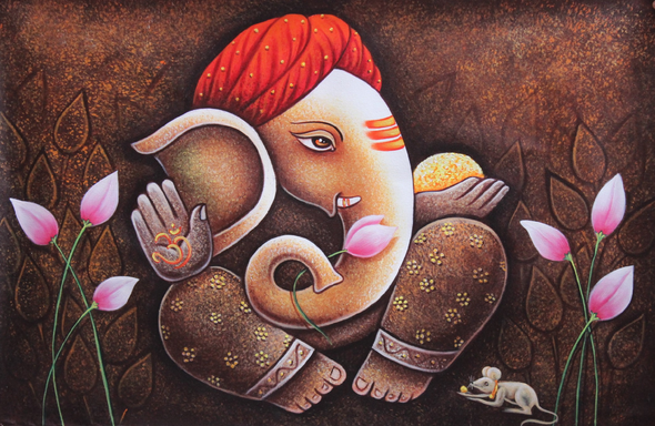 Lord Ganesha with mushak-07 (ART_3319_38016) - Handpainted Art Painting - 36in X 24in