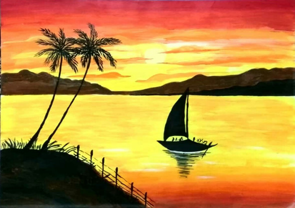 Sunset landscape handmaded painting  (ART_6605_38109) - Handpainted Art Painting - 16in X 11in