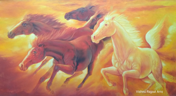 5 Energy Power Horse Vastu Painting  Medium (ART_6662_38419) - Handpainted Art Painting - 28in X 45in