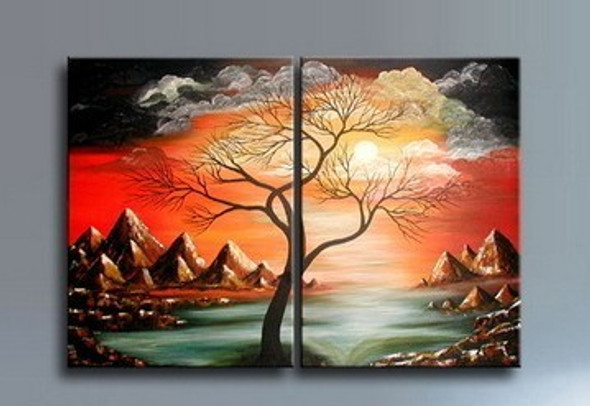 tree,mountains,clouds,river,tree in the mountains,hills,tree sorrounded by hills,tree with clouds,sun,sunset,multipiece tree,multipiece painting