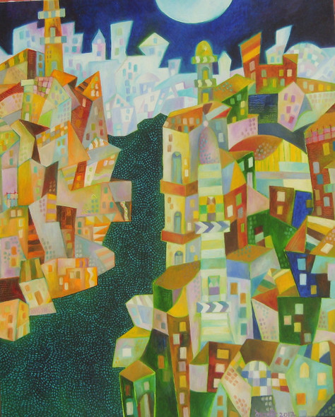 City at night (ART_6678_38721) - Handpainted Art Painting - 30in X 35in