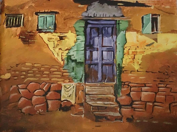 Village house oil painting (ART_6462_37122) - Handpainted Art Painting - 16in X 12in