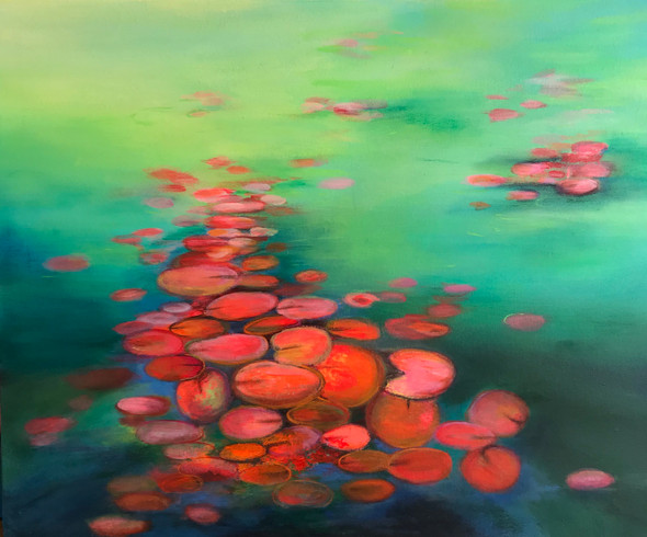 Abstract water lilies pond (ART_1784_38804) - Handpainted Art Painting - 30in X 24in