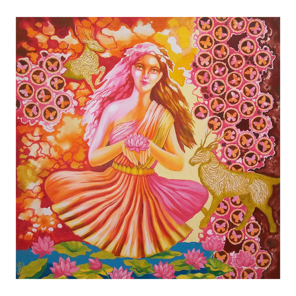 Woman worshiping the source of life (ART_6679_38629) - Handpainted Art Painting - 36in X 36in