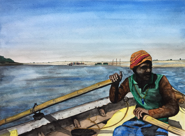 Boatman of river Ganga (ART_6659_39163) - Handpainted Art Painting - 15in X 11in