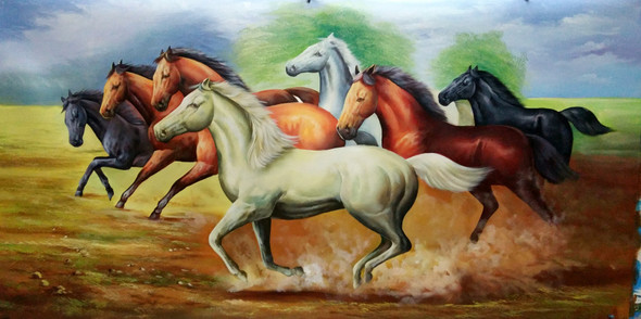 7 running horses painting  (ART_6706_39665) - Handpainted Art Painting - 36in X 24in