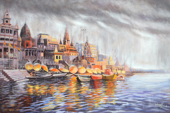 DIVINE VARANASI (ART_6141_39192) - Handpainted Art Painting - 30in X 20in