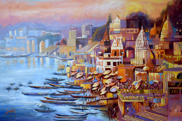 VARANASI GHAT (ART_6141_39191) - Handpainted Art Painting - 30in X 20in
