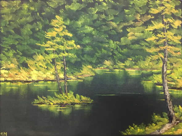 Green forest lake (ART_6698_40254) - Handpainted Art Painting - 24in X 16in