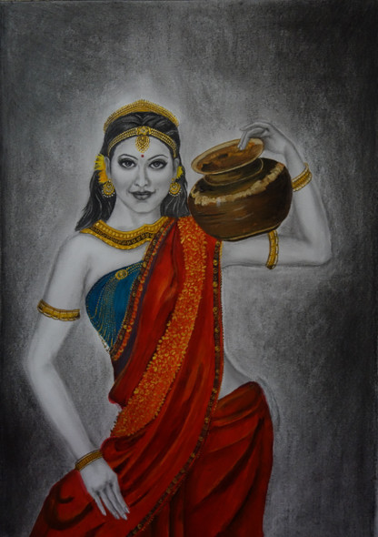 Indian beauty (ART_1304_40632) - Handpainted Art Painting - 16in X 23in