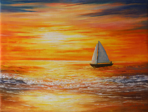 Sunset at Sea  (ART_976_34791) - Handpainted Art Painting - 24in X 18in