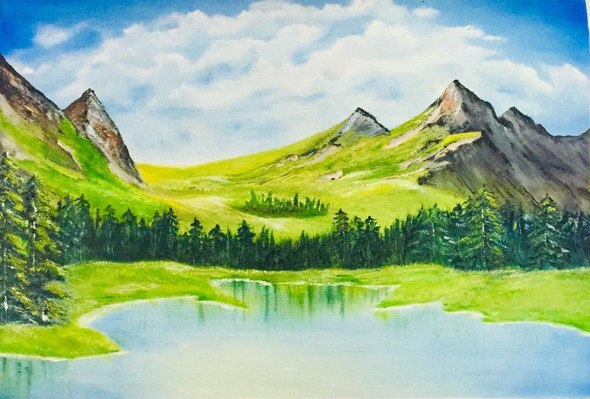 Velvet Grasslands and Calm Reflections (ART_6178_41821) - Handpainted Art Painting - 19in X 13in