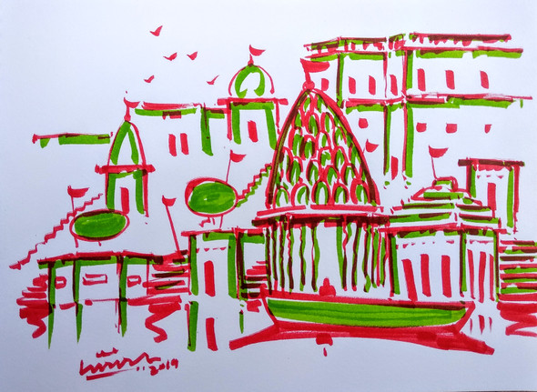 Drawing Of Varanasi Ghat (ART_1313_42225) - Handpainted Art Painting - 11in X 7in