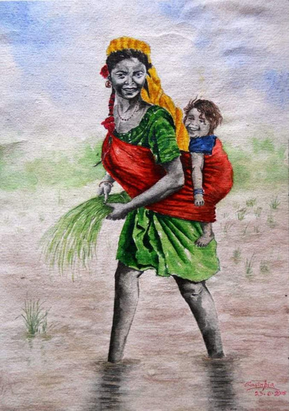 The working mother (ART_7088_42417) - Handpainted Art Painting - 12in X 18in