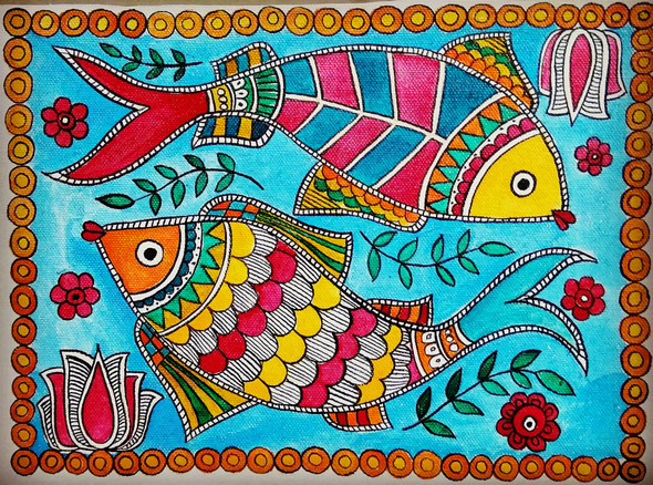 Madhubani fish (ART_5791_42464) - Handpainted Art Painting - 11in X 9in