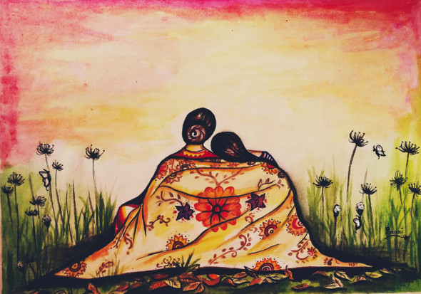 Mother and Daughter (ART_5271_42714) - Handpainted Art Painting - 18in X 12in