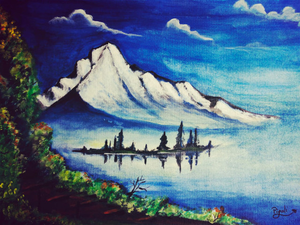 Lake side mountain. (ART_5271_42695) - Handpainted Art Painting - 18in X 12in