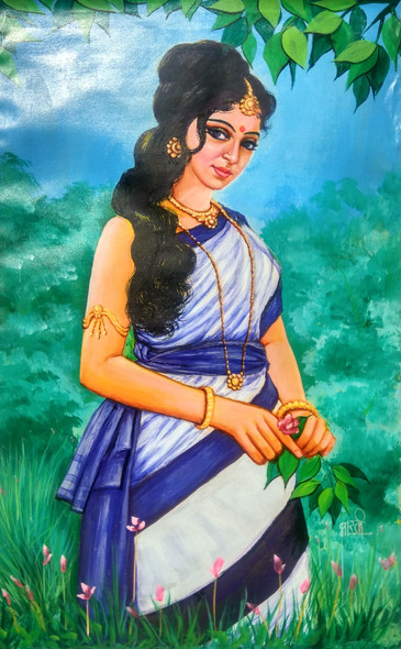 Village Girl  (ART_4397_39348) - Handpainted Art Painting - 24in X 36in