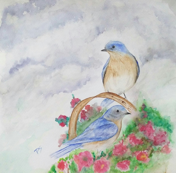 Pair bond - Bird painting in water color  (ART_6933_40497) - Handpainted Art Painting - 11in X 11in