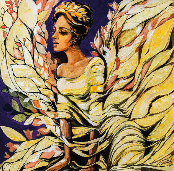 The Girl With Golden Wings (ART_2571_43286) - Handpainted Art Painting - 18in X 18in