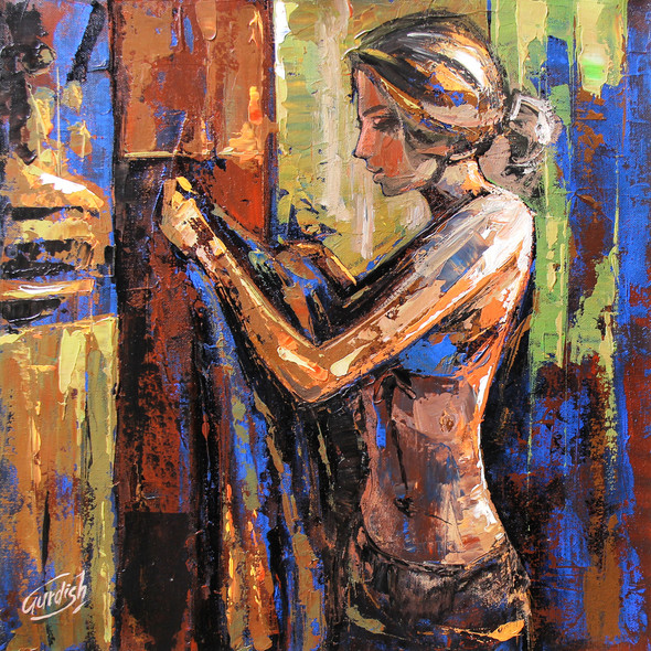 Before The Bath ( Hostel Days) (ART_2571_43274) - Handpainted Art Painting - 18in X 18in