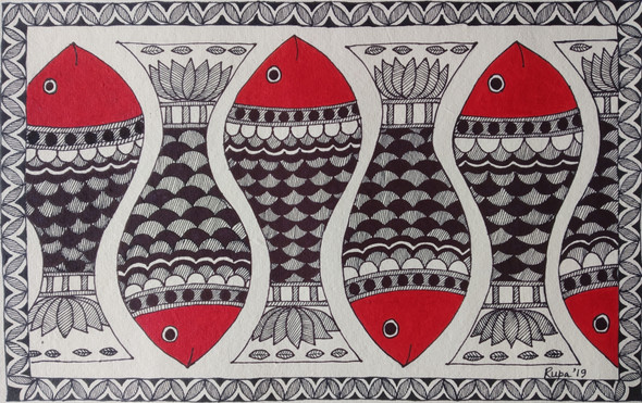 Fishes in a rowMadhubani pattern (ART_7180_43359) - Handpainted Art Painting - 12in X 7in