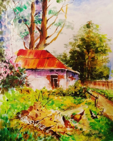 Farm Side (ART_5038_43324) - Handpainted Art Painting - 15in X 22in