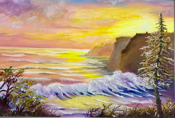 Sunset on a calm sea beach (ART_6178_41839) - Handpainted Art Painting - 19in X 13in