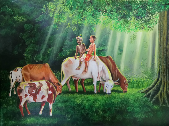 Mera Yaar Sudama (My Friend Sudama) (ART_3674_43577) - Handpainted Art Painting - 24in X 18in