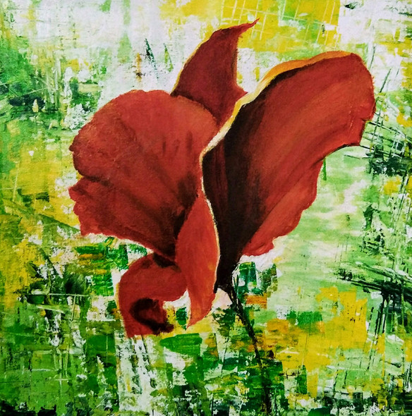 Beauty of Rain-Red Flower (ART_3719_44131) - Handpainted Art Painting - 15in X 15in