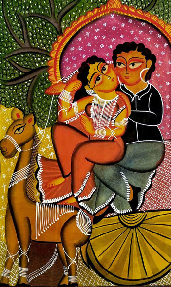 Babu & Bibi - Riding on a Chariot (ART_7191_44259) - Handpainted Art Painting - 14in X 22in