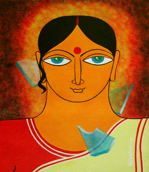 Portrait Series: Indian Married Woman (ART_1998_42854) - Handpainted Art Painting - 12in X 14in