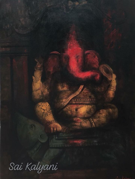 Ganesh (ART_6974_44279) - Handpainted Art Painting - 32in X 44in