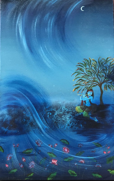 The Melodic Flute (ART_7162_44455) - Handpainted Art Painting - 15in X 24in