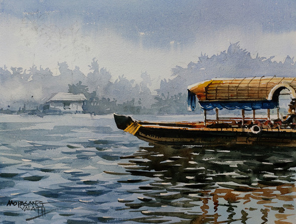 Wonderful house boat  ride on backwaters (ART_3485_44486) - Handpainted Art Painting - 15in X 11in