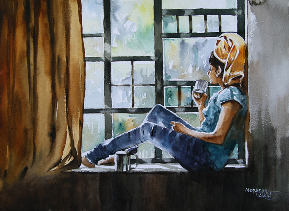 Girl in the morning with a cup of coffee (ART_3485_44485) - Handpainted Art Painting - 15in X 11in