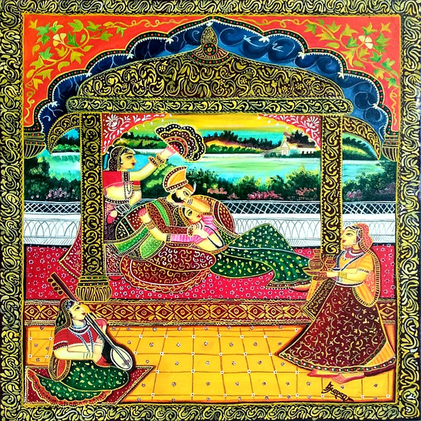 Rajasthani Mughal Miniature Art (ART_6505_44491) - Handpainted Art Painting - 27in X 27in