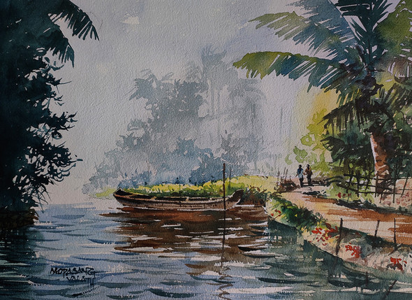 A village scene in the morning with a country boat (ART_3485_44442) - Handpainted Art Painting - 15in X 11in