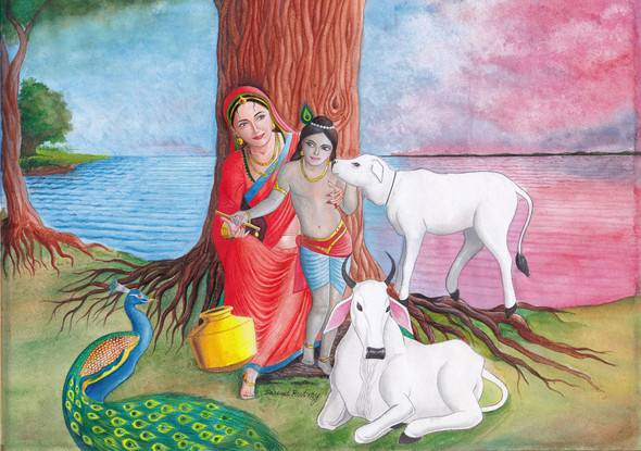 Krishna & Yashoda - The love of a foster mother (ART_7079_42871) - Handpainted Art Painting - 14in X 10in