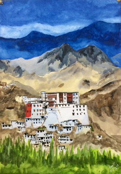 Ladakh Spituk Monastery (ART_438_44744) - Handpainted Art Painting - 12in X 18in