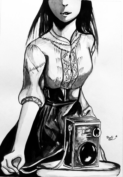 A LADY WITH FILM CAMERA (ART_5271_44718) - Handpainted Art Painting - 12in X 18in