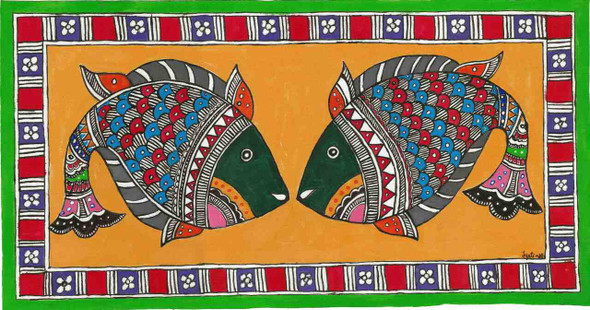 Madubani - A Fish Couple (PRT_7230_44919) - Canvas Art Print - 18in X 9in